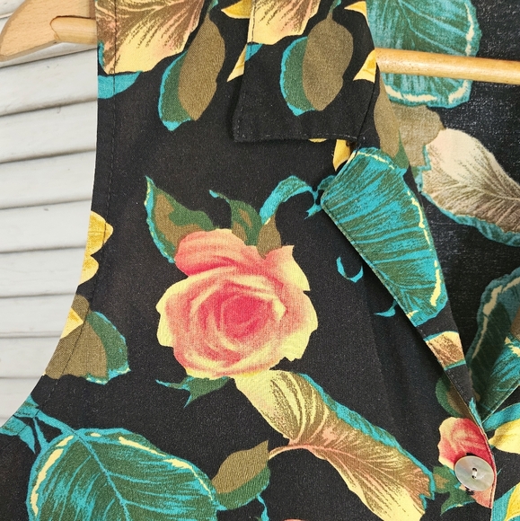 Vintage 90s Sunflower Print Floral Sleeveless Rayon Blouse Medium - Picture 2 of 10